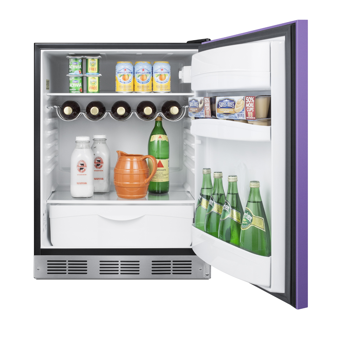24 in. wide all-refrigerator for residential use, auto defrost with an lavender purple door, stainless steel handle, and black cabinet